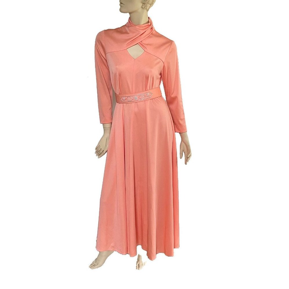 Vintage 1970s Long Sleeve Formal Dress with Beaded Belt